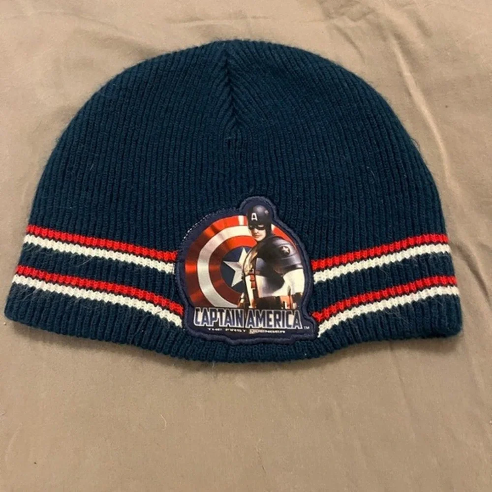 Marvel Captain America The First Avenger Kids Navy Blue Striped Knit Beanie Hat